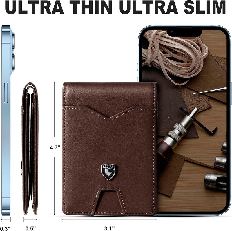 GSOIAX Mens Slim Wallet for Men Minimalist Genuine Leather Carbon Fiber Rfid Blocking Bifold Credit Card Holder With Gift Box (Leather Coffee) - Image 5